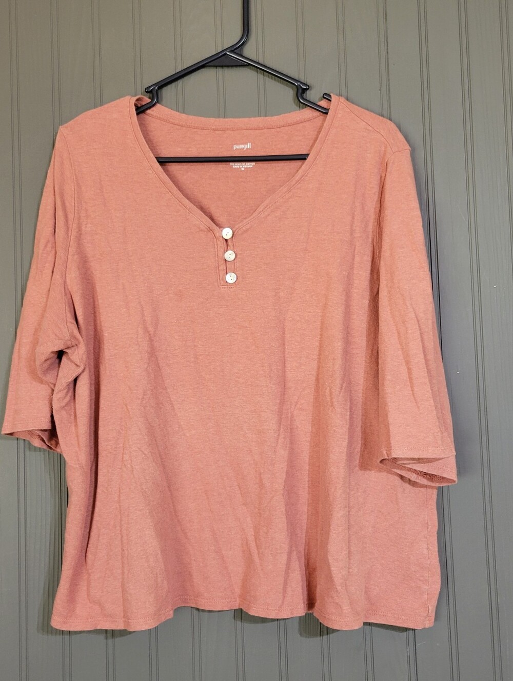 J. Jill Pure Knit Shirt V-Neck Three-Button Placket Hemp Blend Salmon Women's XL